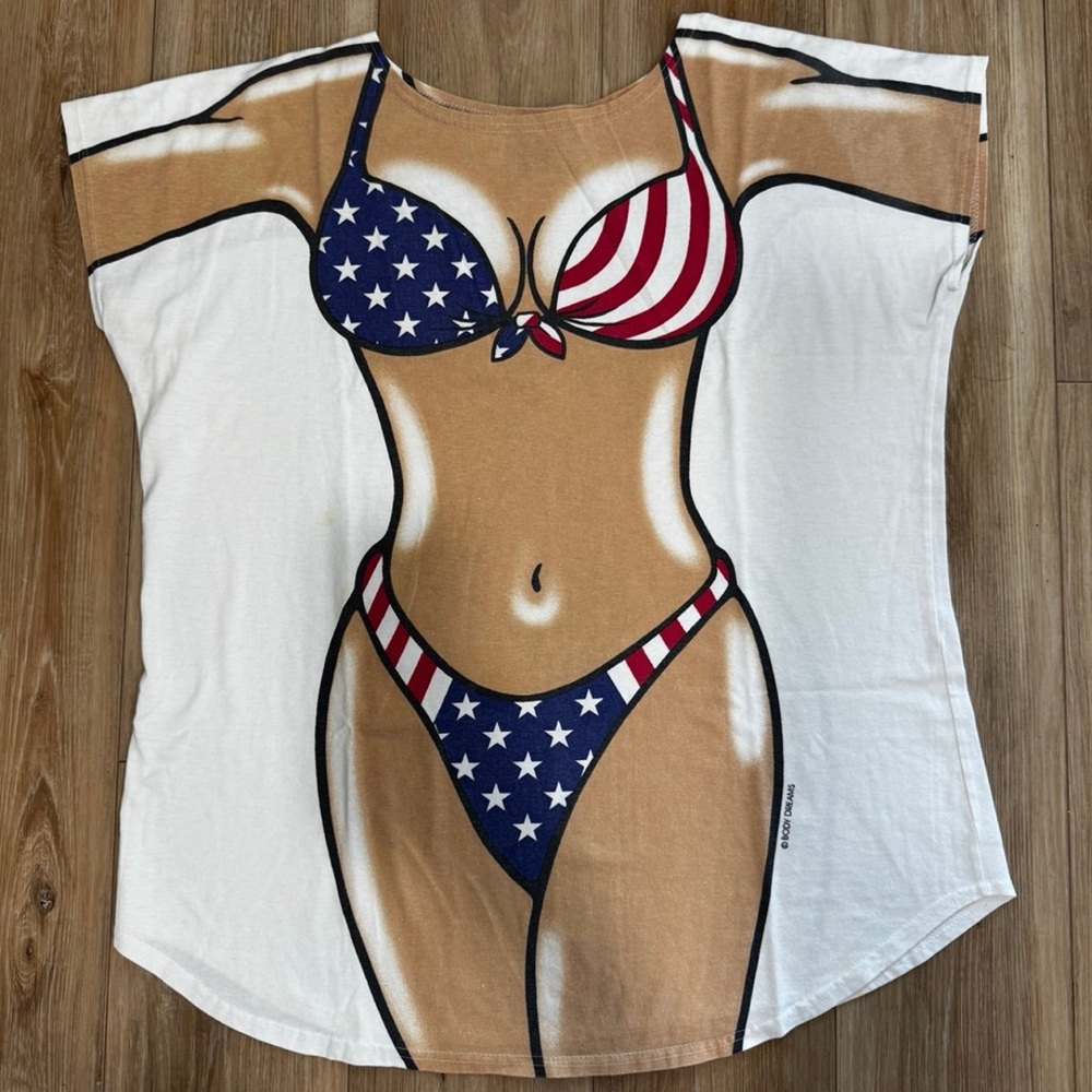 Vintage 🇺🇸 Bikini Illusion Cover Up Tee Shirt Tunic Dress Top ❤️🤍💙  Made in USA!